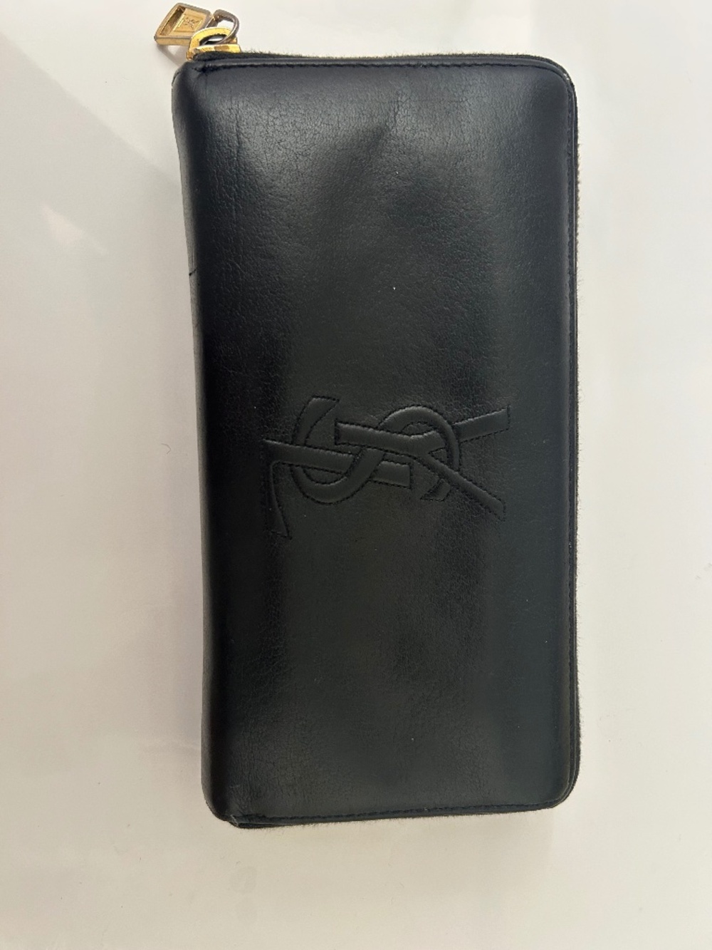 Yves Saint Laurent Black Leather Zip Wallet with Gold Accent
